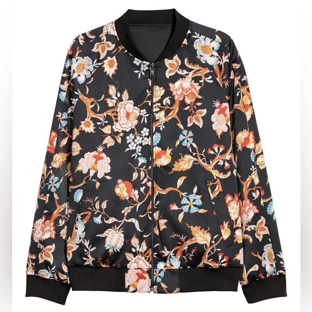 H&M Reversible Floral Satin Bomber Jacket in Black Multi
